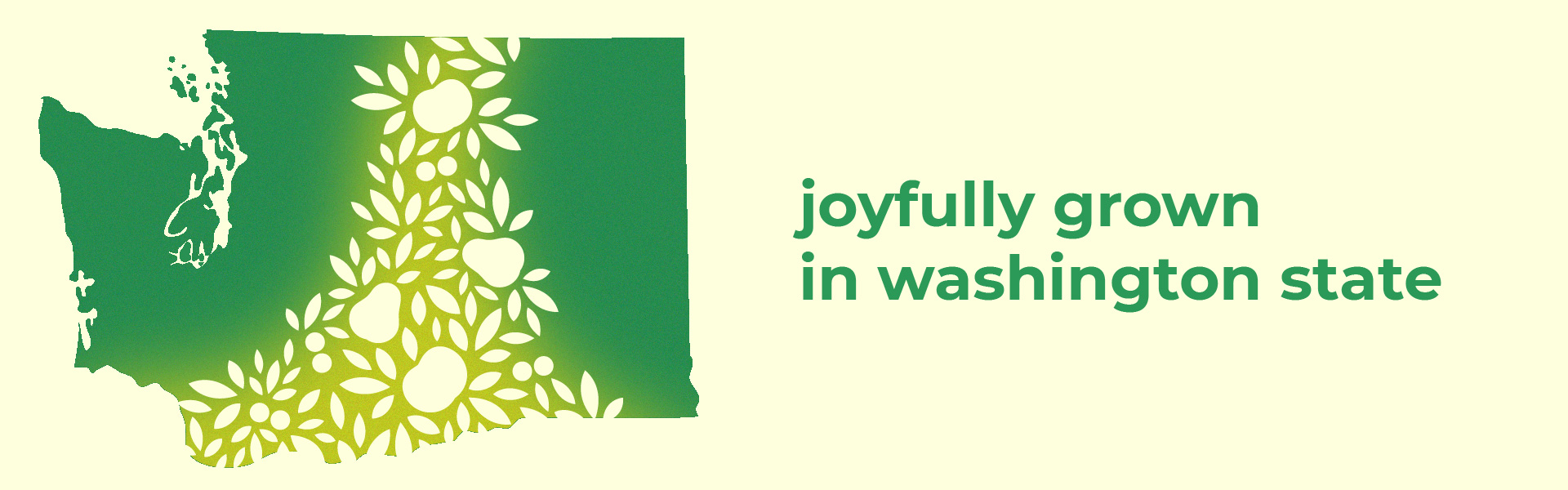 An Outline Of Washington State in Green with Outlines of Apples and Cherries in Light Yellow with Green Text to the Side that says Joyfully Grown in Washington State