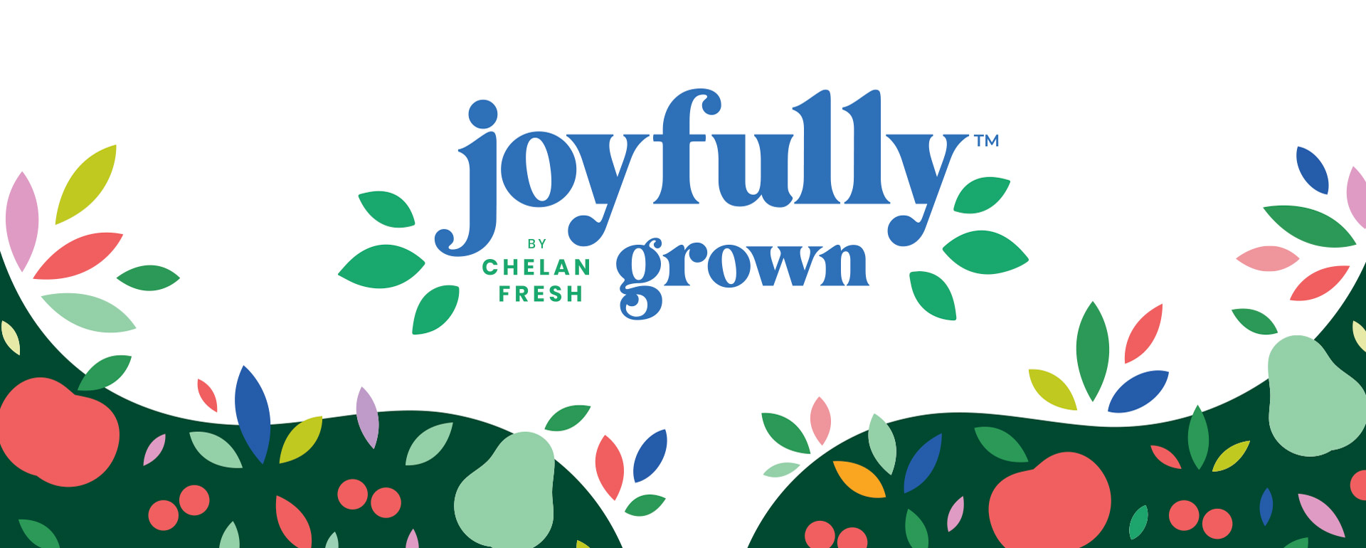 Joyfully Grown by Chelan Fresh Logo on a White Background With Colorful Apple, Pear, and Leaf Illustrations