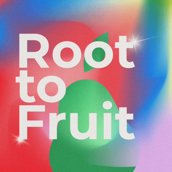 JG-Social_11 Root To Fruit in White Text with Sparkles over a Red, Blue, Yellow, and Green Gradient with a Pear Illustration
