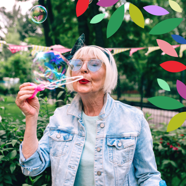 Blowing Bubbles Lady Blowing Bubbles in a Garden with Leaf Illustrations in the Top Right