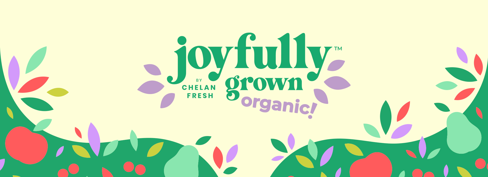 Joyfully Grown Organic Logo on a Light Yellow Banner with Colorful Apple and Pear Illustrations