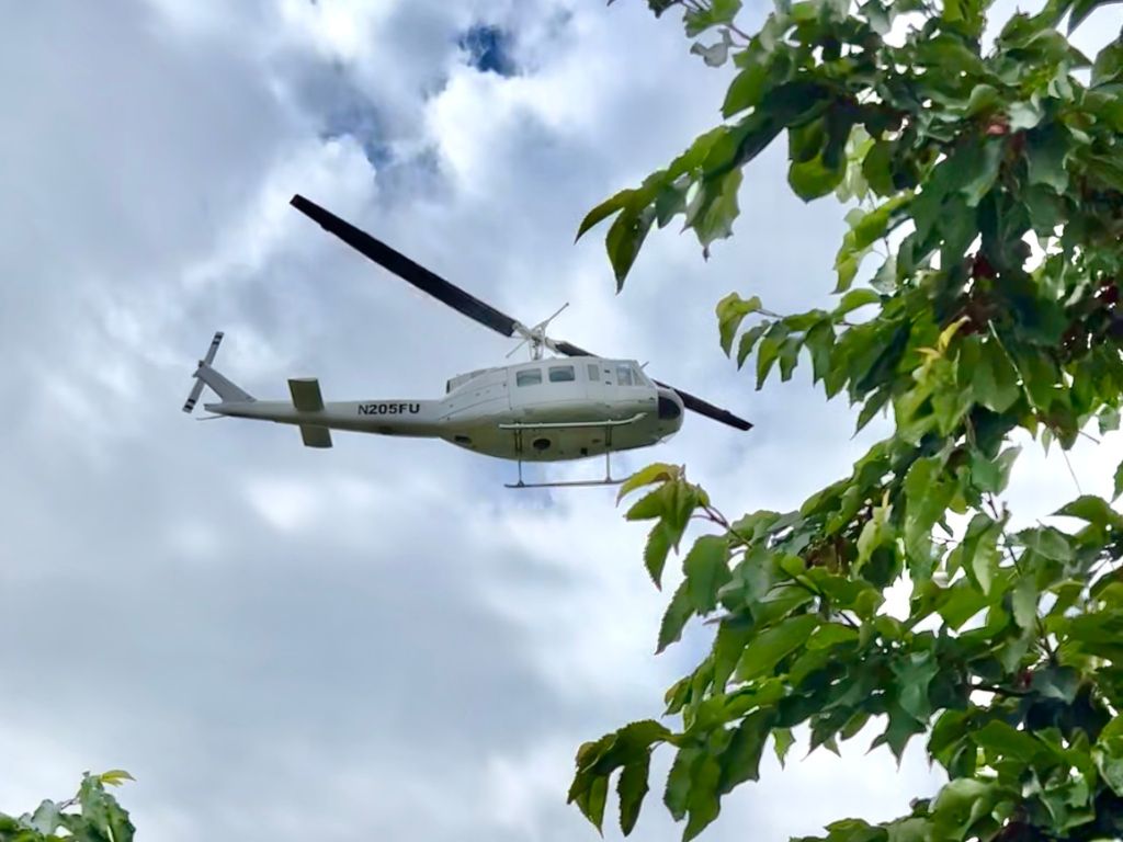 Helicopter Over an Orchard on a Cloudy Day