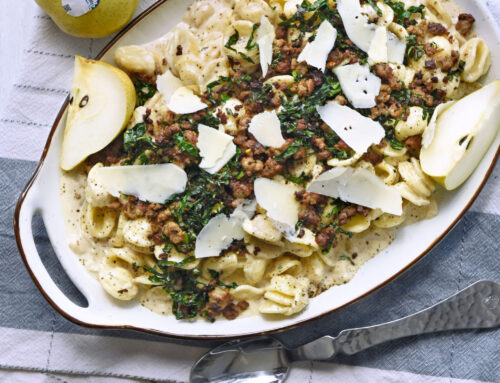 Pear Alfredo with Crispy Sausage