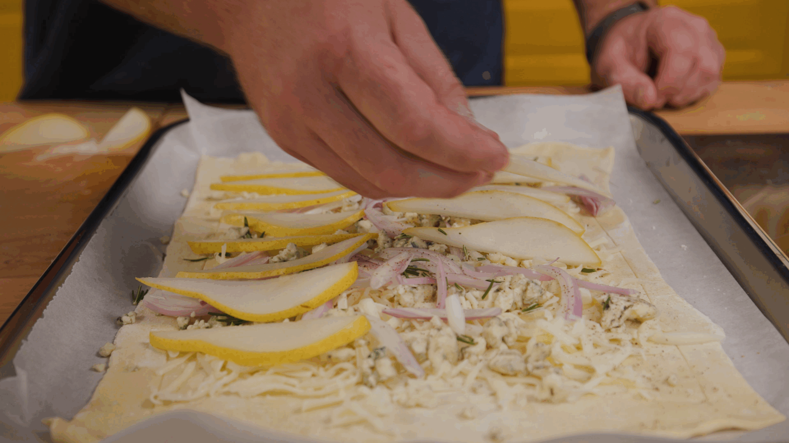preparing of a pear and gorgonzola galette